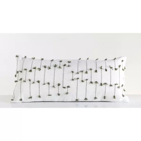 3R Studios White with Green Accents Handwoven Lumbar 36 in. x 16 in. Throw Pillow