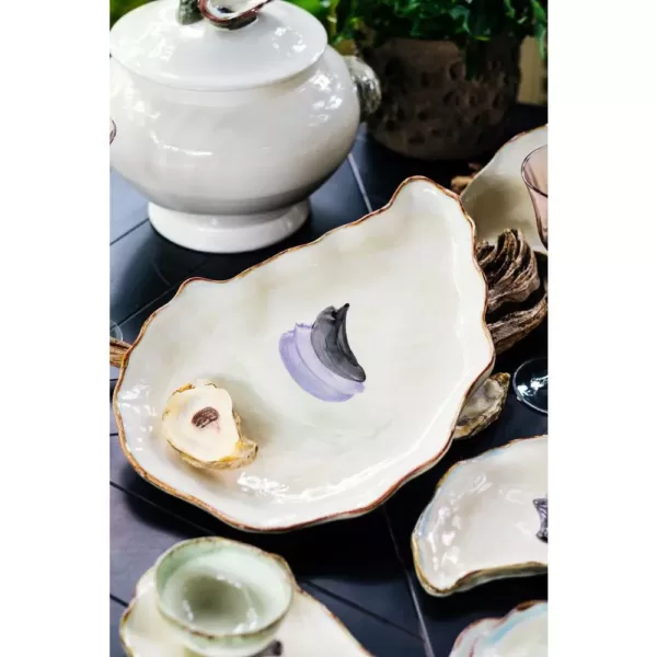 Abigails 16.5 in. L x 11.75 in. W x 2 in. H Seaside Ivory and Lavender Ceramic Oyster Plate Large (Set of 2)