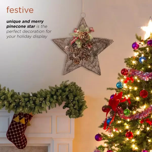 Alpine Corporation 20 in. Tall Hanging Rustic Pinecone Christmas Star Decor