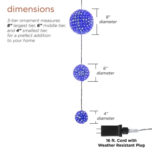 Alpine Corporation 37 in. Tall 3-Tier Christmas Ornaments With Chasing Blue and White LED Lights