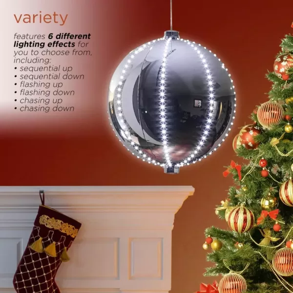 Alpine Corporation 13 in. Tall Large Hanging Christmas Ball Ornament with LED Lights, Silver