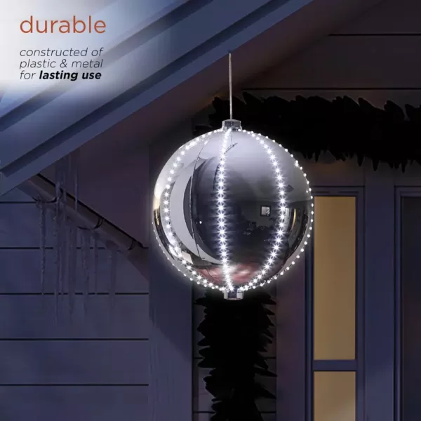 Alpine Corporation 13 in. Tall Large Hanging Christmas Ball Ornament with LED Lights, Silver