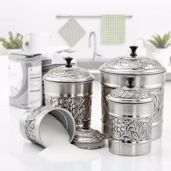 Old Dutch 4-Piece Antique Pewter Embossed "Heritage" Canister Set