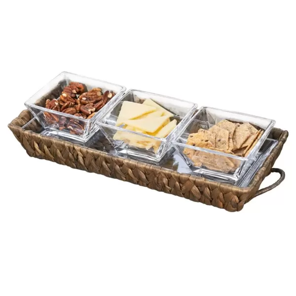 Artland Garden Terrace 3 Sectional Server 1-Glass Tray 12.25"L, 5"W, 1"H, 3-Sq. Glass Bowls 3.75", Water Hyacinth Holder.