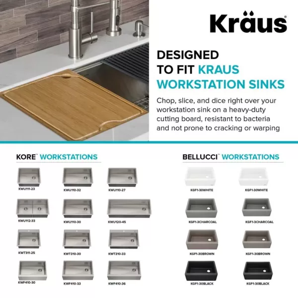 KRAUS 12 in. Solid Bamboo Workstation Kitchen Sink Cutting Board