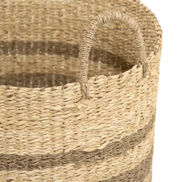 Zentique Cylindrical Handmade Woven Wicker Seagrass Palm Leaf Wire Large Basket with Stripes and Handles