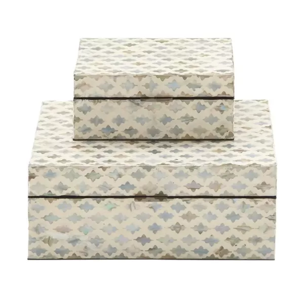 LITTON LANE Vintage White Zig-Zag Patterned MDF Multiple Decorative Boxes w/ Tan, Gray and Blue Mother of Pearl Tile Inlay(Set of 2)