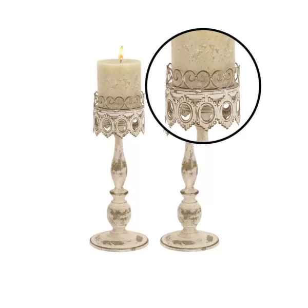 LITTON LANE 14 in. Distressed Ivory Iron Pillar Candle Holders with Filigree-Patterned Cups (Set of 2)