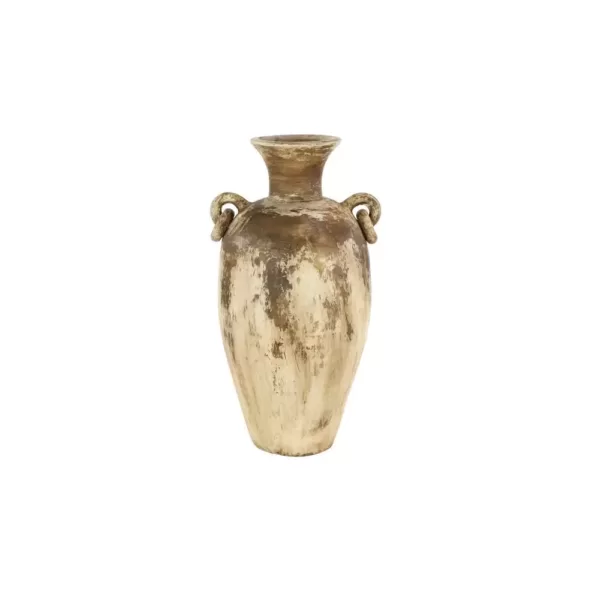 LITTON LANE Distressed Beige and Brown Amphora-Style Ceramic Decorative Vase