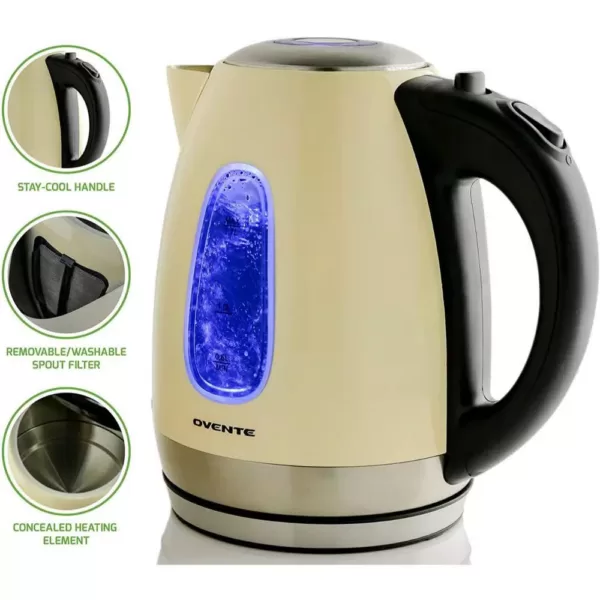 Ovente 7-Cup Beige Stainless Steel Electric Kettle, Automatic Shut-Off and Boil-Dry Protection