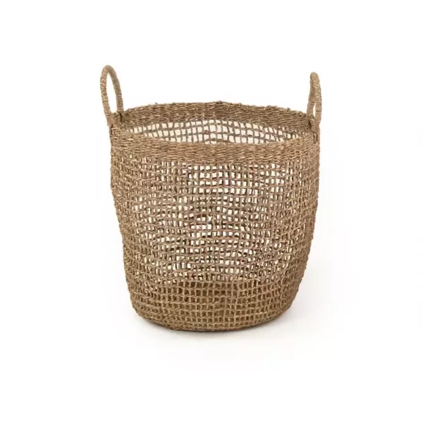 Zentique Cylindrical Sparsely Hand Woven Seagrass Large Basket with Handles