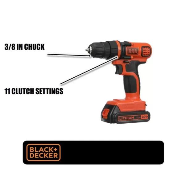 BLACK+DECKER 20-Volt MAX Lithium-Ion Cordless 3/8 in. Drill/Driver with Battery 1.5Ah and Charger