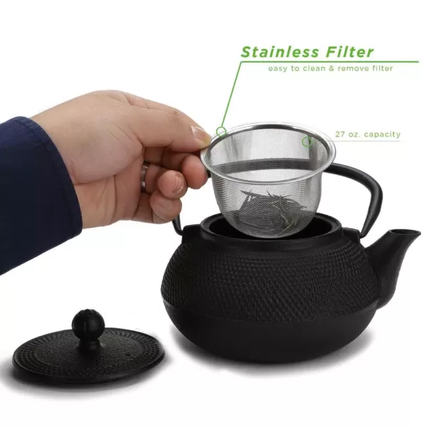 Mind Reader 3.3-Cup Black Japanese Style Cast Iron Tetsubin Tea Pot with Infuser