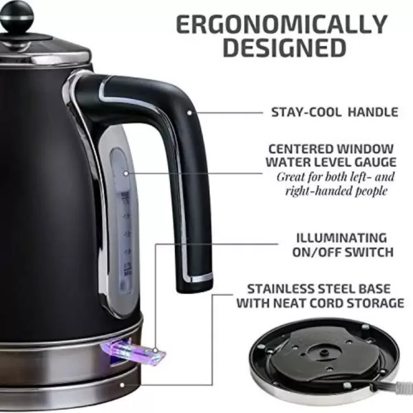 Ovente 7.2-Cup Black Stainless Steel Electric Kettle with Removable Filter, Boil Dry Protection and Auto Shut Off Features