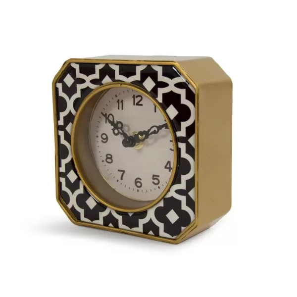 Zentique Black and White Pattern with Gold Trimmed Rounded Square Table Clock