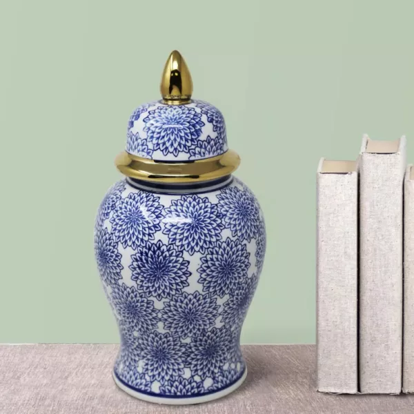 Benjara Blue and White Ceramic Temple Jar with Covered Top Lid