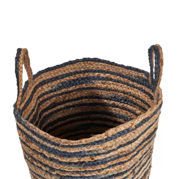 LR Home Wonder Striped Braided Navy Blue Natural Jute Storage Decorative Basket with Handles