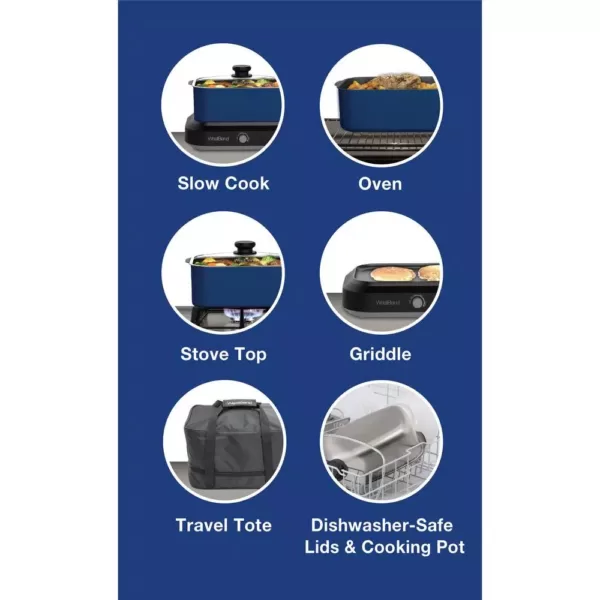 West Bend 5 qt. Blue Non-Stick Versatility Slow Cooker with 5-Temperature Settings Includes Travel Lid and Thermal Tote