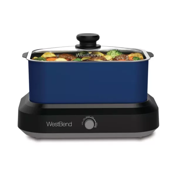 West Bend 5 qt. Blue Non-Stick Versatility Slow Cooker with 5-Temperature Settings Includes Travel Lid and Thermal Tote