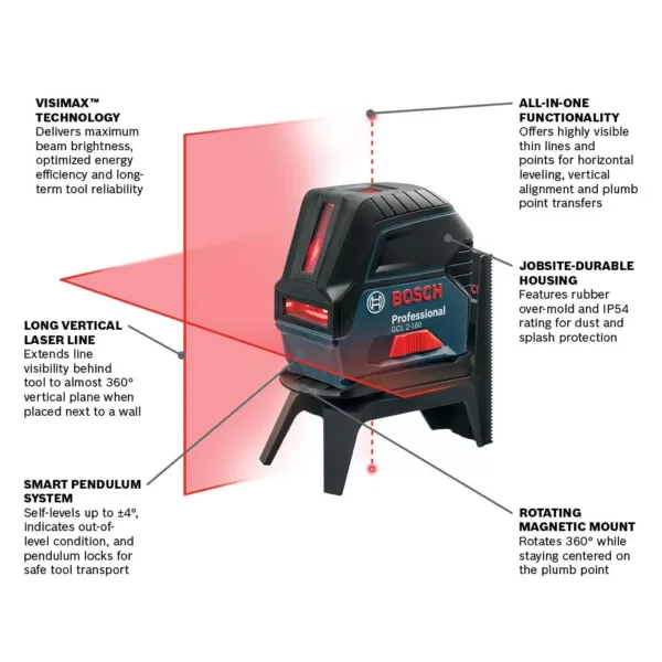 Bosch 65 ft. Self Leveling Cross Line Laser Level with Plumb Points with Free Compact Tripod with Extendable Height