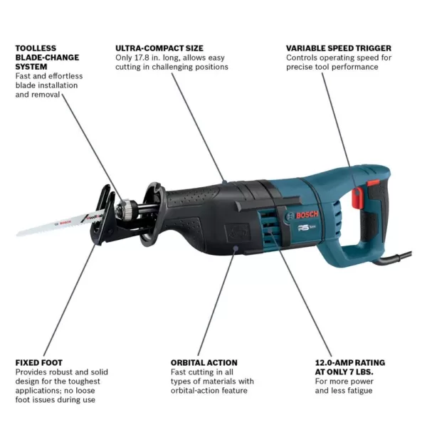 Bosch 12 Amp Corded 1 in. Variable Speed Compact Reciprocating Saw with All-Purpose Saw Blade and Carrying Case