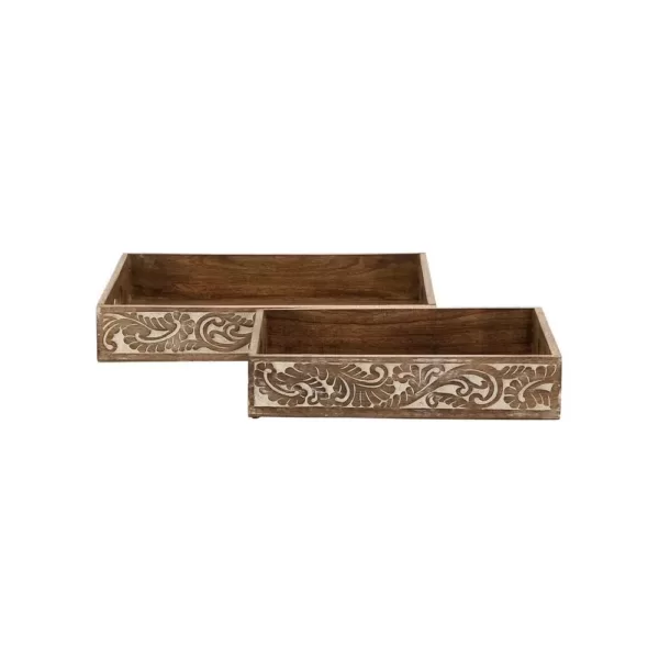 LITTON LANE Walnut Brown Vine and Leaf Decorative Trays (Set of 2)