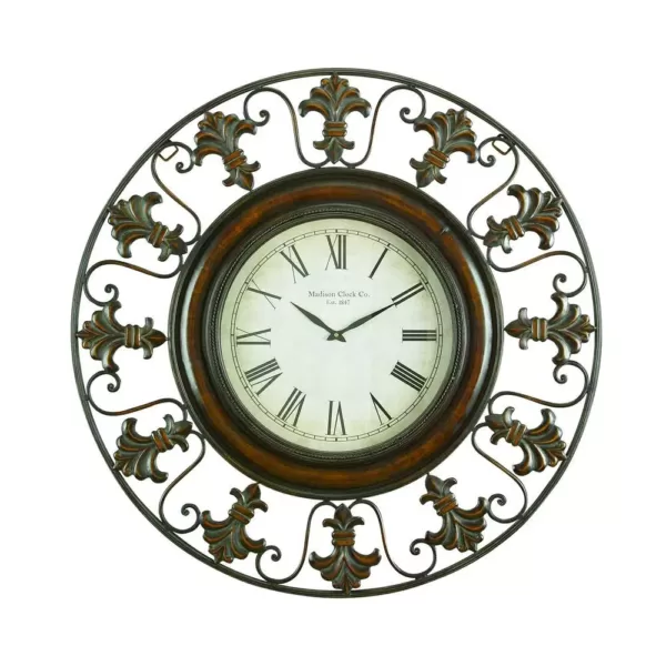 LITTON LANE 38 in. Traditional Fleur-De-Lis Iron Wall Clock