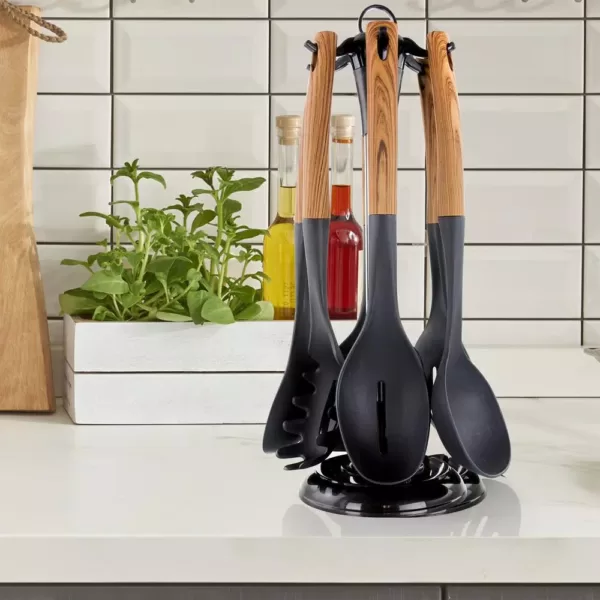 MegaChef Black Nylon Cooking Utensils with Wood Design (Set of 7)