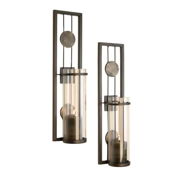 DANYA B Contemporary Metal Brown Wall Candle Sconces with Antique Patina Medallions (Set of 2)