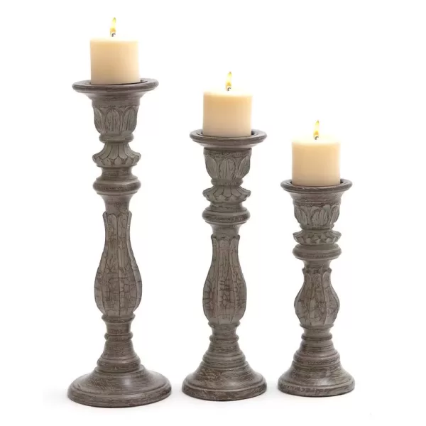 LITTON LANE Rustic Dark Brown Tapered Mango Wood Candle Holder (Set of 3)