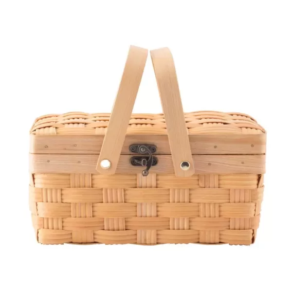 Vintiquewise Small Woodchip Wooden Picnic Basket with Cover and Folding Handles