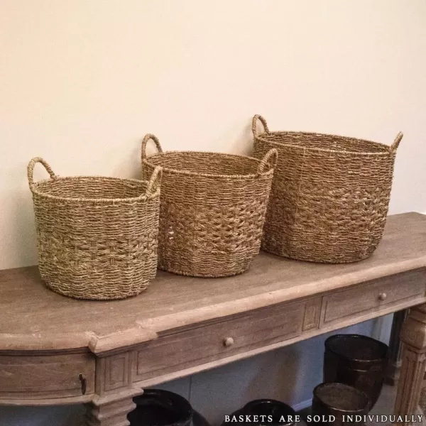 Zentique Round Handmade Woven Wicker Seagrass Over Small Basket with Handles