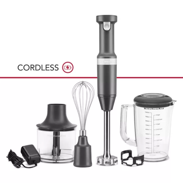 KitchenAid Cordless Variable Speed Charcoal Grey Hand Blender with Chopper and Whisk Attachment