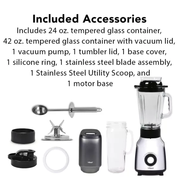 Tribest Glass 42 oz. 4-Speed Chrome Personal Blender with Vacuum