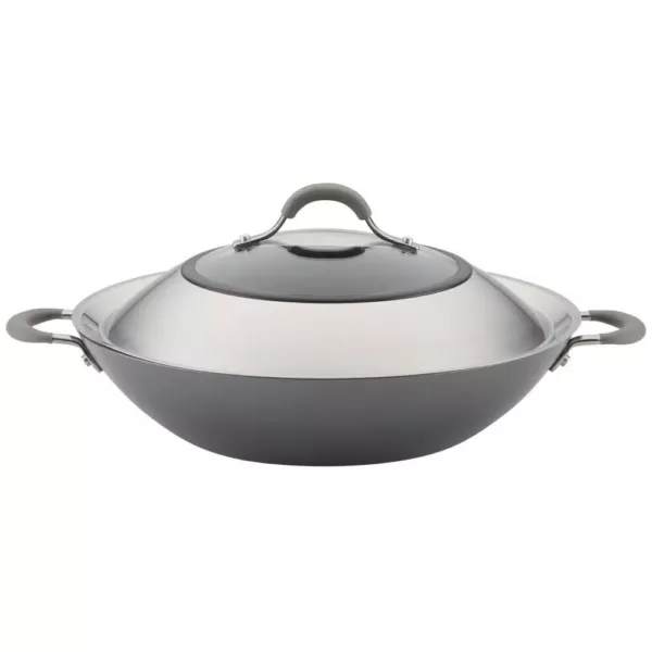 Circulon Elementum Hard-Anodized Nonstick Covered Wok with Side Handles, 14-Inch, Oyster Gray