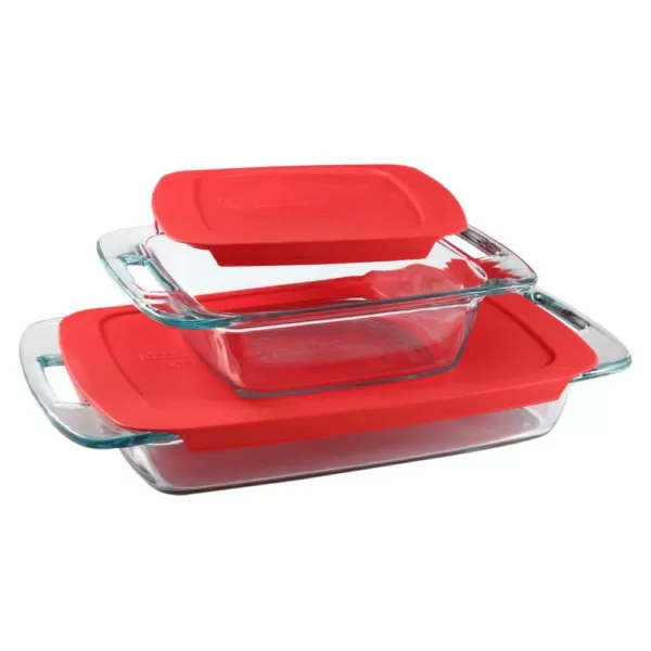 Pyrex Easy Grab 3 qt. and 8 in. x 8 in. 4-Piece Glass Bakeware Set with Red Lids