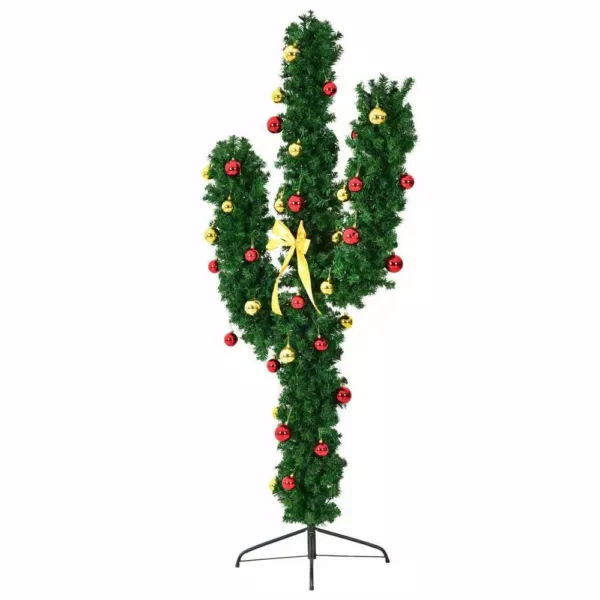 Costway 7 ft. Pre-Lit Cactus Artificial Christmas Tree with LED Lights and Ball Ornaments