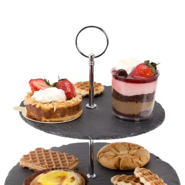 Creative Home 2-Tier Black Natural Slate Cake Stand Dessert Serving Plate Party Food Server