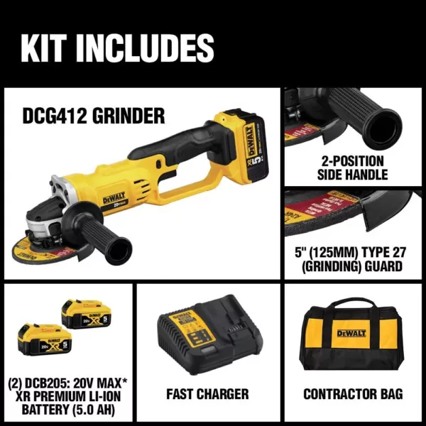 DEWALT 20-Volt MAX Cordless 4-1/2 in. to 5 in. Grinder, (2) 20-Volt 5.0Ah Batteries & Charger