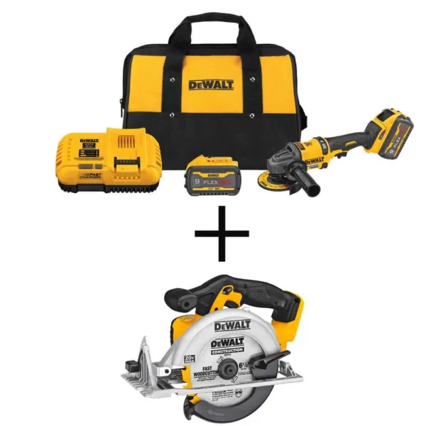 DEWALT FLEXVOLT 60-Volt MAX Brushless 4-1/2 in. - 6 in. Small Angle Grinder, (2) FLEXVOLT 9.0Ah Batteries & 6-1/2 in. Circ Saw