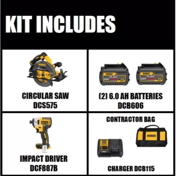 DEWALT FLEXVOLT 60-Volt MAX Cordless Brushless 7-1/4 in. Circular Saw, (2) FLEXVOLT 6.0Ah Batteries & 1/4 in. Impact Driver