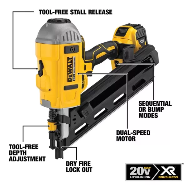 DEWALT 20-Volt MAX Lithium-Ion Cordless Brushless 2-Speed 30° Paper Collated Framing Nailer with 4Ah Battery and Charger