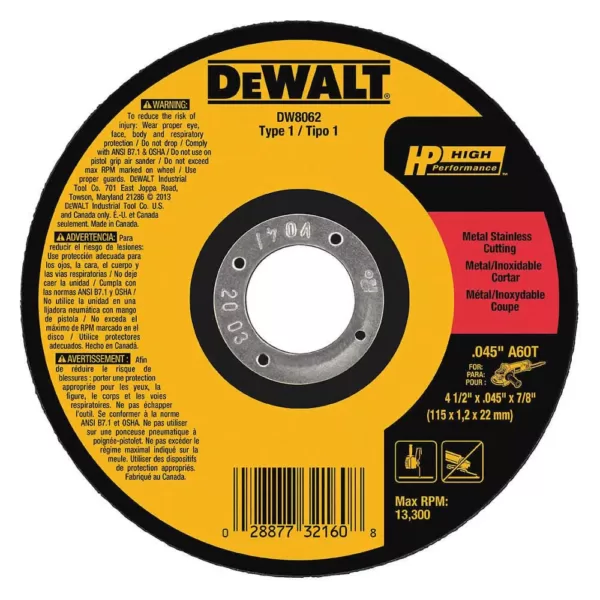 DEWALT 4-1/2 in. x .045 in. x 7/8 in. Metal & Stainless Cutting Wheel (10-Pack) with Black & Gold Drill Bit Set (14-Piece)