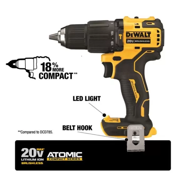 DEWALT ATOMIC 20-Volt MAX Cordless Brushless Compact 1/2 in. Hammer Drill, (2) 20-Volt 1.3Ah & (1) 20-Volt 5.0Ah Batteries