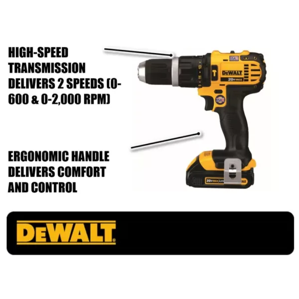 DEWALT 20-Volt MAX Cordless Compact 1/2 in. Hammer Drill/Driver with (2) 20-Volt 1.3Ah Batteries, Charger & Bag