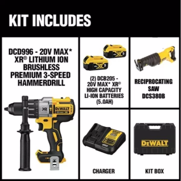 DEWALT 20-Volt MAX XR Cordless Brushless 3-Speed 1/2 in. Hammer Drill with (2) 20-Volt 5.0Ah Batteries & Reciprocating Saw