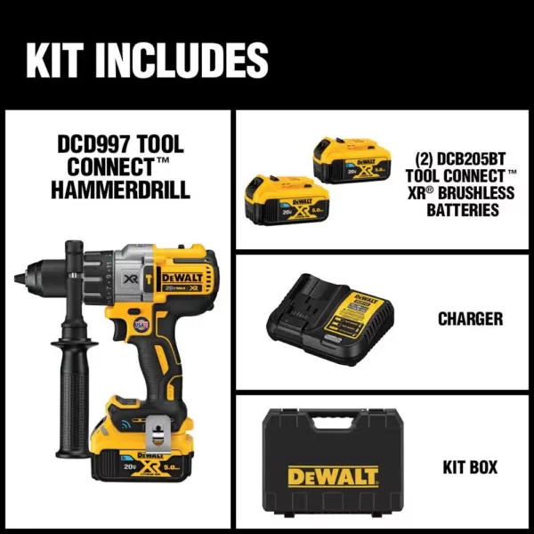 DEWALT 20-Volt MAX XR with Tool Connect Cordless Brushless 1/2 in. Hammer Drill/Driver (2) 20-Volt 5.0Ah Batteries & Charger