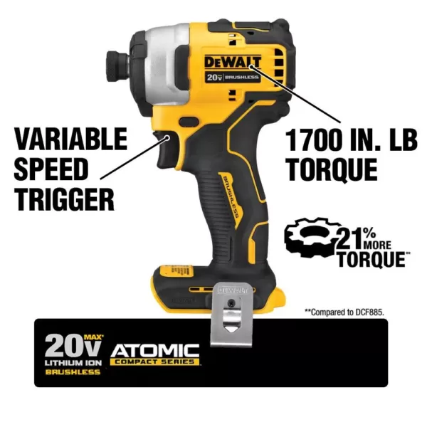 DEWALT ATOMIC 20-Volt MAX Cordless Brushless Compact 1/4 in. Impact Driver, (1) 20-Volt 1.3Ah Battery, Charger & Bag