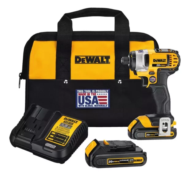 DEWALT 20-Volt MAX Cordless 1/4 in. Impact Driver, (2) 20-Volt 1.3Ah Batteries, Charger & Bag