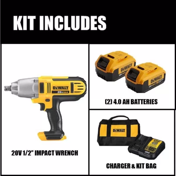 DEWALT 20-Volt MAX Cordless 1/2 in. High Torque Impact Wrench with Detent Pin & (2) 20-Volt 4.0Ah Batteries